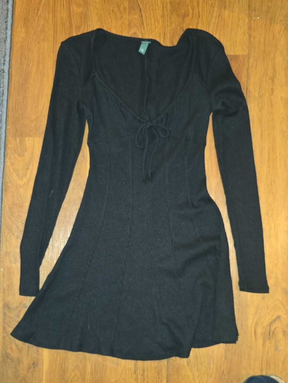 wild fable Black Ribbed Long-Sleeve Tie-Front Dress